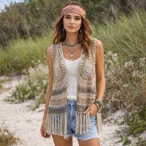 Earthy Bohemian Festival Crochet Open Front Fringe Vest Size XL Macrame Hippie
